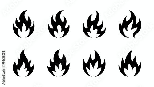 A collection of eight distinct black flame icons are showcased against a stark white background offering versatile design elements high quality professional detailed modern elegant stylish