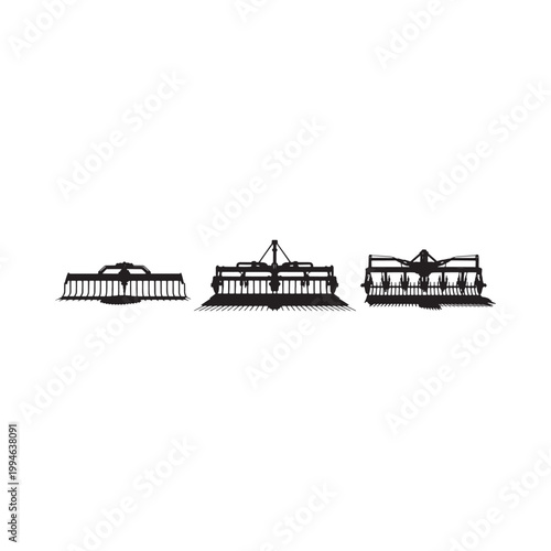 Black and white illustration of three agricultural disc harrows in silhouette