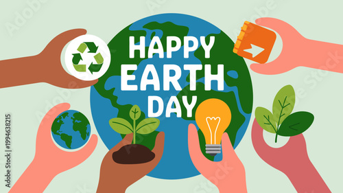 A colorful illustration depicts hands cradling earth day symbols like a globe plant lightbulb and recycling icon promoting environmental awareness high quality professional detailed modern elegant