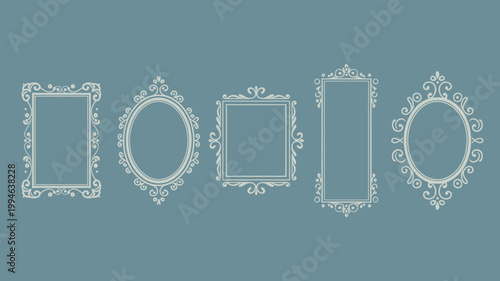 A collection of five ornate vintage style frames are displayed against a muted teal background showcasing diverse shapes and decorative details high quality professional detailed modern