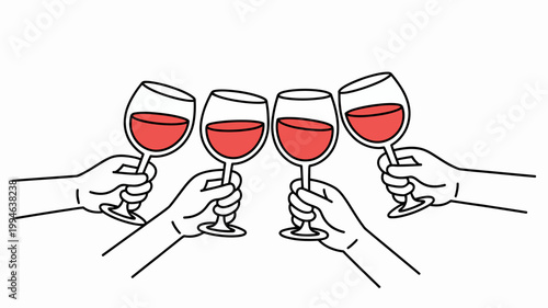 A minimalist illustration depicts four hands each holding a wine glass filled with red liquid clinking in a celebratory toast high quality professional detailed modern elegant