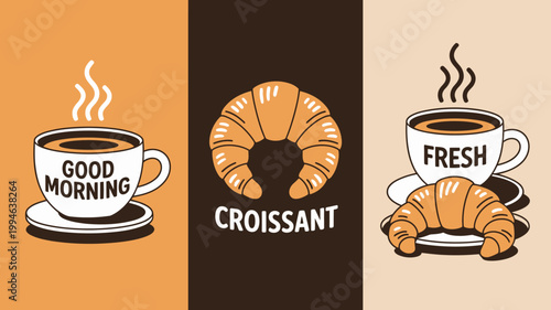 A vibrant illustration showcases a breakfast pairing of steaming coffee and golden brown croissants set against a colorful backdrop high quality professional detailed modern elegant stylish