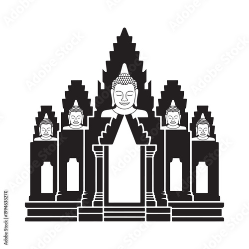 Black and white illustration of a thai temple with buddha statues