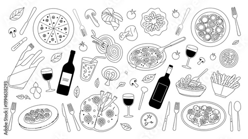 A black and white line drawing depicts an assortment of italian food items including pasta pizza wine and various ingredients high quality professional detailed modern elegant