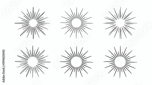 A collection of six circular starbursts are displayed in a grid format on a plain white background resembling radial designs high quality professional detailed modern elegant