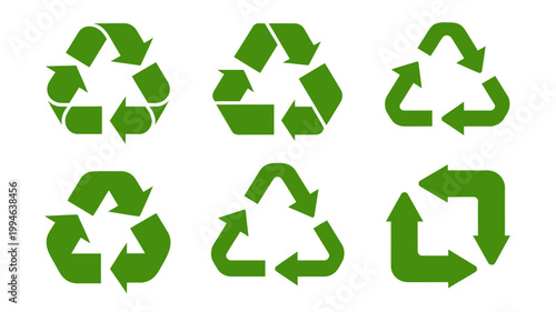 Six variations of the universal recycling symbol are displayed all rendered in a vibrant green color against a white background high quality professional detailed modern elegant