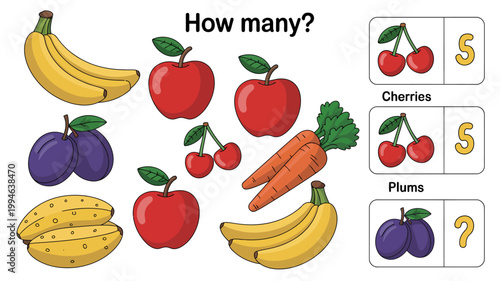 A colorful educational image displays various fruits and vegetables prompting a counting exercise for young learners high quality professional detailed modern elegant stylish clean crisp vibrant