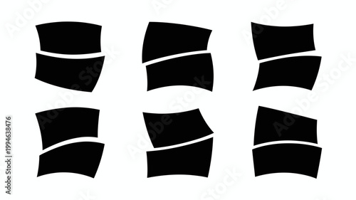 A minimalist graphic depicts six abstract black shapes arranged in a grid each resembling a stylized ribbon or banner high quality professional detailed modern elegant stylish