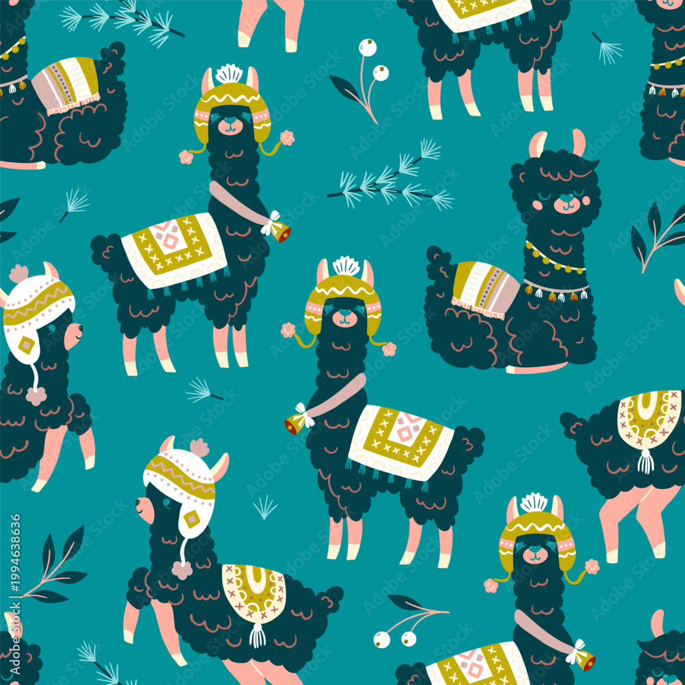 Fototapeta premium Cute Green Alpacas Vector Seamless Pattern