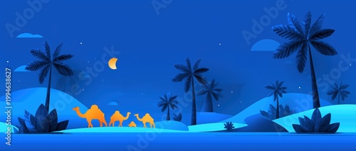 Oasis with palm trees and camels in the desert at night, a small lake surrounded by tall date palms, a clear sky with stars.