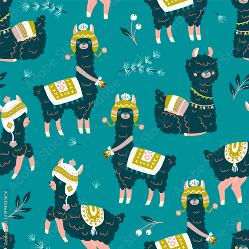Cute Green Alpacas Vector Seamless Pattern