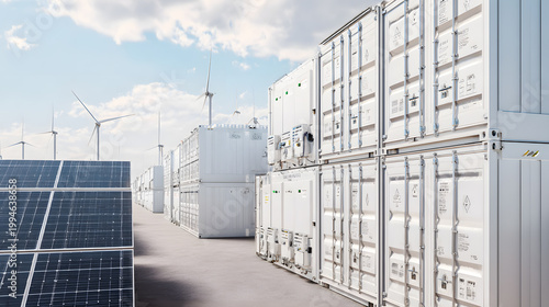 Renewable energy storage with solar panels and wind turbines