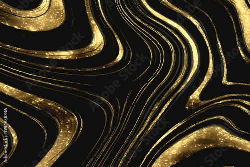 seamless pattern, black background with gold fluid lines, luxury aesthetic, marble texture, shiny metallic effect, high contrast, elegant modern design, ultra detailed