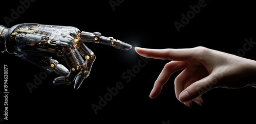 Close-up of a human hand and a robot finger pointing at each other.