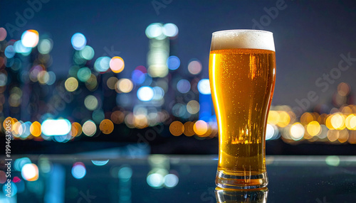 夜景の光が反射するテーブルに置かれた冷えたビールグラス　居酒屋やバーのメニュー制作や飲食店の広告販促に使える都会的な雰囲気のドリンクイメージ素材