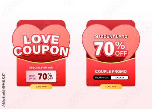 Love Coupon Template Valentine Discount Promotion Design with Heart Shape Voucher Card 70 Percent Off Special Offer Romantic Sale Banner for Ecommerce Marketing Campaign and Gift Promotion