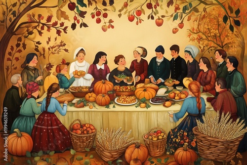 A festive, folk-art-style illustration of people gathered around a large table, enjoying fresh food, with baskets of pumpkins, apples, and wheat.