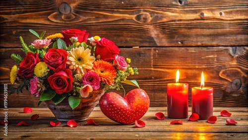 Colorful floral arrangement on a wooden table with red heart-shaped decorations and candles