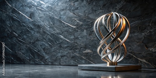 Metal sculpture on dark granite stones