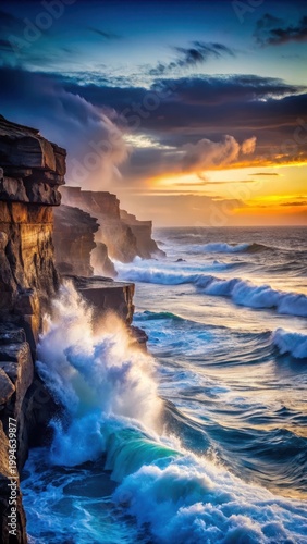 Dark blue ocean waves crashing against a rocky cliffside at sunset