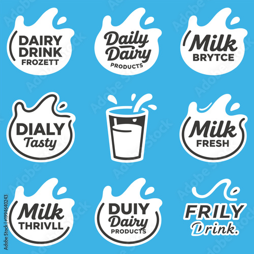 Milk splashes and drops black white flat icons dairy drink badges set.