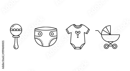 Minimal baby care icon set vector illustration rattle diaper bodysuit stroller simple pictogram symbols