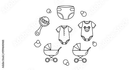 Baby essentials icon collection vector illustration rattle diaper bodysuit stroller minimalist symbols