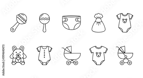 Minimalist baby icon set with rattle diaper bodysuit and stroller flat vector symbols isolated on white