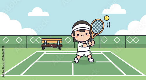 Cartoon young tennis player poised to serve.