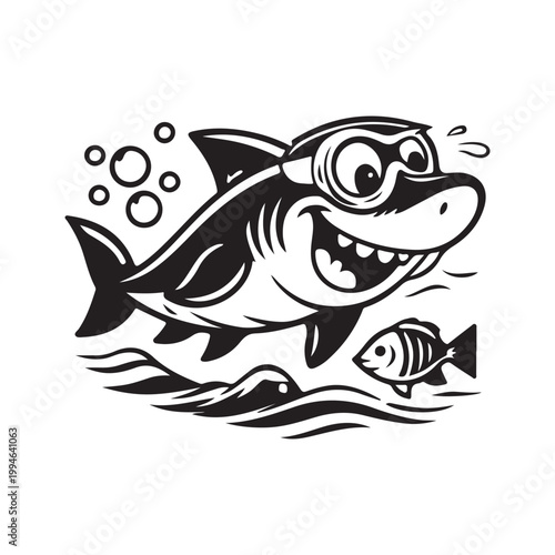 Cheerful Cartoon Shark Wearing Goggles Swimming Underwater with Bubbles and Small Fish Vector Artwork