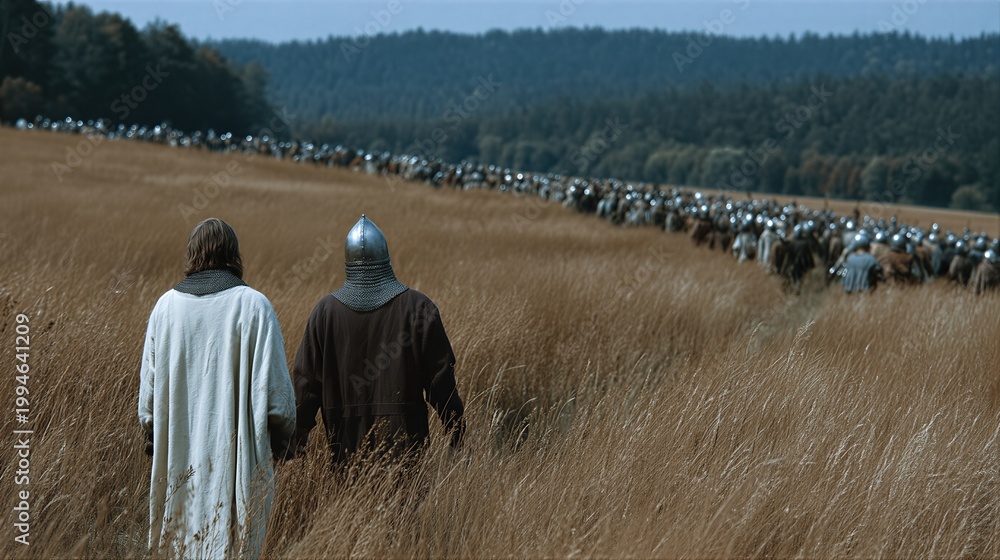 Fototapeta premium Priest and knight walking through tall wheat field. Medieval army of mounted soldiers following them. Historical reenactment of military crusade in european countryside