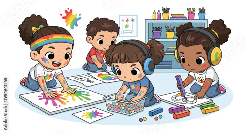 Group of children drawing together at a table.