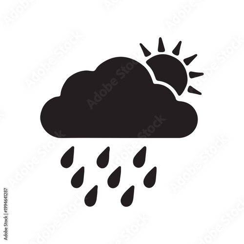 Weather icon, sunny rain cloud, black silhouette, climate symbol, forecast graphic