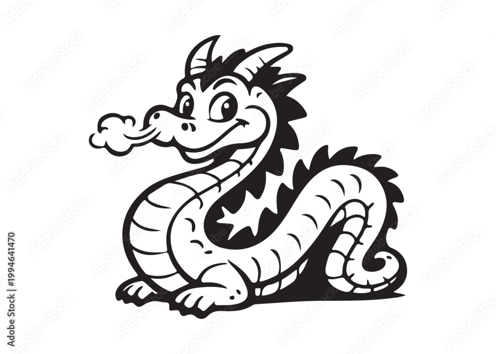 Fototapeta premium Friendly Cartoon Dragon Puffing Smoke Whimsical Fantasy Character Vector Illustration Black White