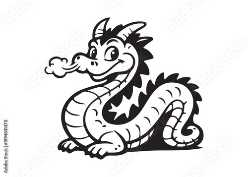 Friendly Cartoon Dragon Puffing Smoke Whimsical Fantasy Character Vector Illustration Black White