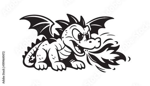 Angry Cute Baby Dragon Breathing Fire Vector Illustration Monochrome Mythical Creature Art
