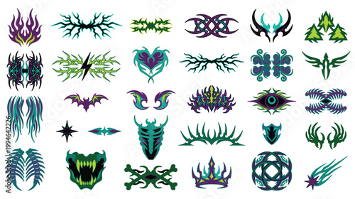 Set of tribal tattoo designs with various shapes and sharp elements.