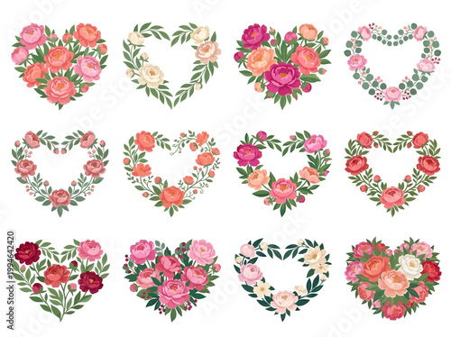 Collection of heart-shaped floral vector designs featuring blooming flowers and greenery, perfect for invitations and decorations