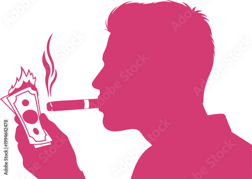 Illustration of person smoking cigar while holding burning money symbolizing wasteful spending habits
