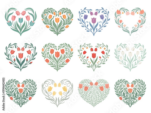 A collection of charming vector heart designs featuring a variety of beautiful spring flowers like tulips and foliage, perfect for romantic or celebratory themes