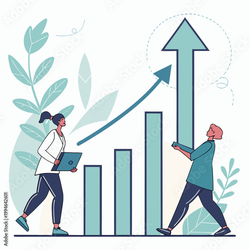 A vector graphic illustration of two people pushing a large arrow up a bar chart, symbolizing growth and progress in a business setting.