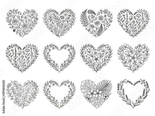 Beautiful collection of vector floral heart designs, hand-drawn with botanical elements and flowers, perfect for romantic themes