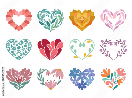 Collection of twelve decorative vector heart designs adorned with beautiful flowers, perfect for invitations and Valentine's Day