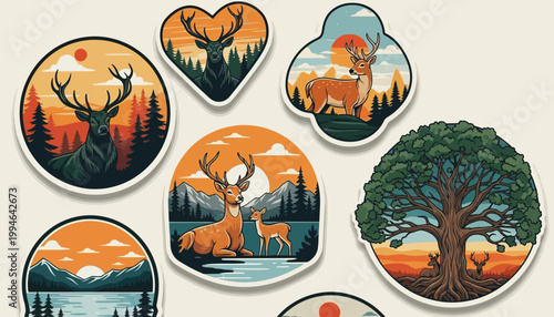 Collection of nature stickers with animals and trees.