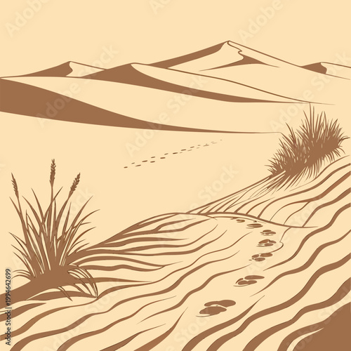 A minimalist desert landscape illustration with sand dunes and footprints