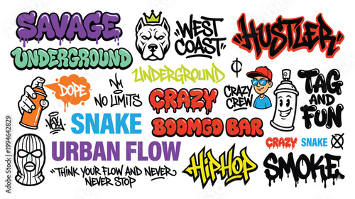 Graffiti street art stickers collection with urban hip hop elements.
