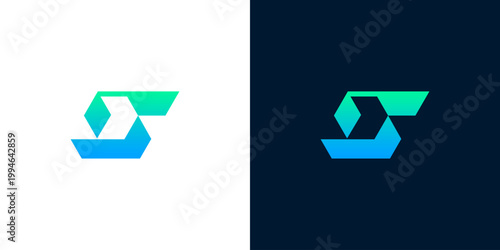 Modern abstract S letter logo with gradient colors on white and dark backgrounds, unique corporate identity symbol