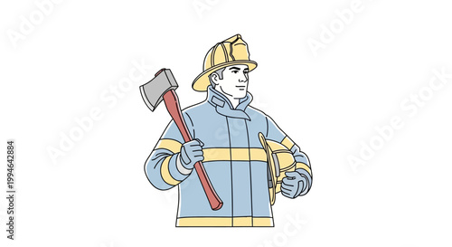 Fireman in uniform holding axe tool.