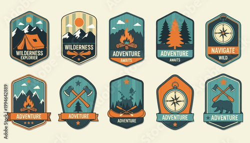Vintage adventure travel badges and labels.