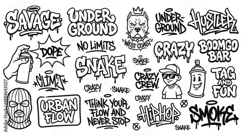 Fotografie Urban graffiti tag sketches set with street art lettering elements